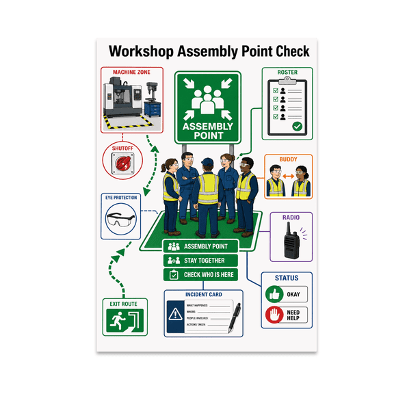 Workshop Assembly Point Check Poster, Shop Classrooms, Makerspaces, Safety Training, and Emergency Planning, 13x19 Glossy Paper