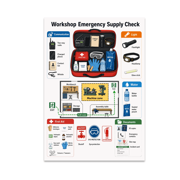 Workshop Emergency Supply Check Poster, Shop Teachers, Makerspaces, and Emergency Planning Reference, 13x19 Glossy Paper