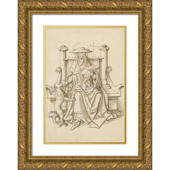 Workshop of Hans Holbein the elder 14x18 Gold Ornate Wood Frame and Double Matted Museum Art Print Titled - St. Jerome with the Lion, on a Stone Throne (1500)