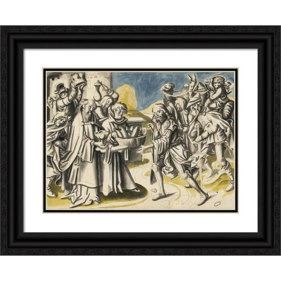 Workshop of Hans Holbein the elder 18x14 Black Ornate Wood Framed Double Matted Museum Art Print Titled - The Meeting of Abraham and Melchizedek (1500)