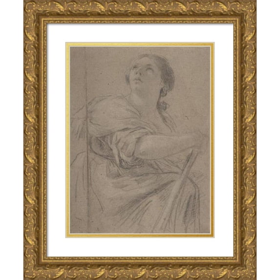 Workshop of Simon Vouet 11x14 Gold Ornate Wood Frame and Double Matted Museum Art Print Titled - Woman with a Staff Looking Upward (Early 17th Century)