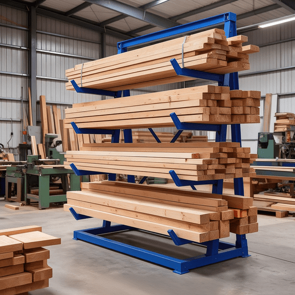 Workshop Storage Rack Wall Mount 4 Tier, Heavy Duty Lumber Rack 2400 lbs, Blue Alloy Steel Wood Organizer for Woodworking Shop