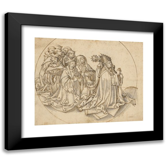 Workshop of Hans Holbein the elder 14x12 Black Modern Framed Museum Art Print Titled - Kneeling Bishop and Eight Monks (1500)
