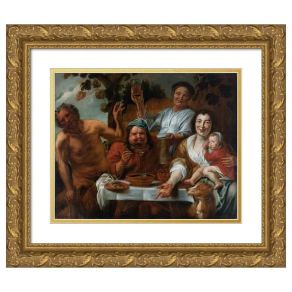 Workshop of Jacob Jordaens 14x12 Gold Ornate Wood Frame and Double Matted Museum Art Print Titled - The Satyr and the Peasant (1644 - 1645)