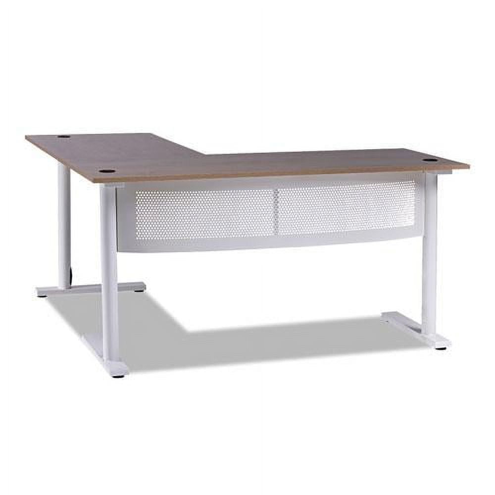 Beigewood and White L-Shaped Writing Desk with Metal Base