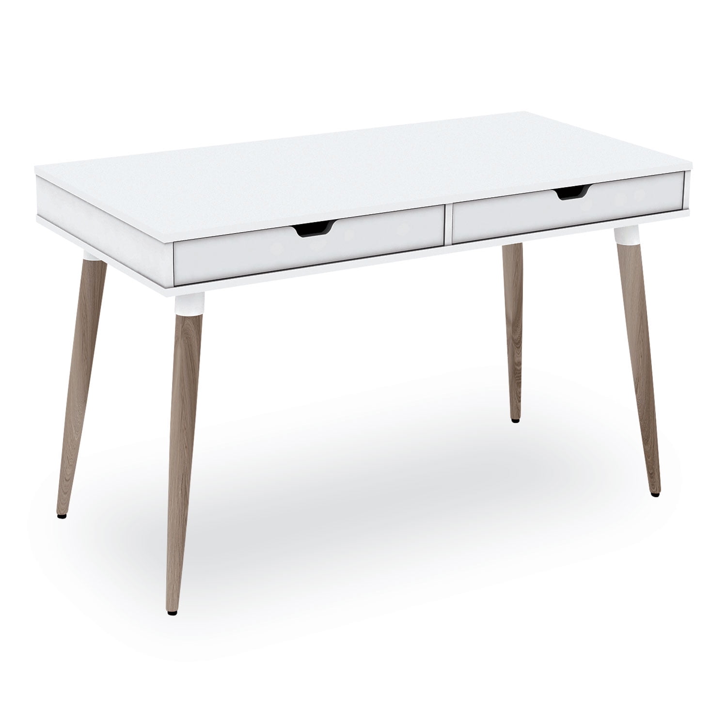 White and Beige Wood Scandinavian Writing Desk with Drawers