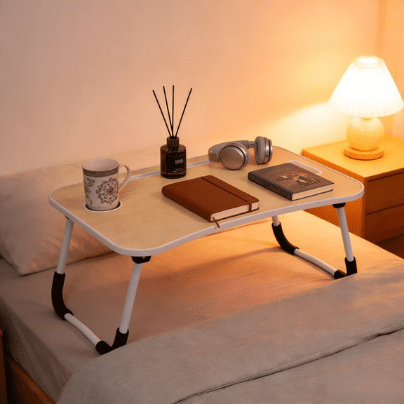 Workstation Foldable Laptop Bed Desk | Portable Lap Table with Cup Holder, Tablet Slot & Carry Handle | For Working, Eating & Creative Projects