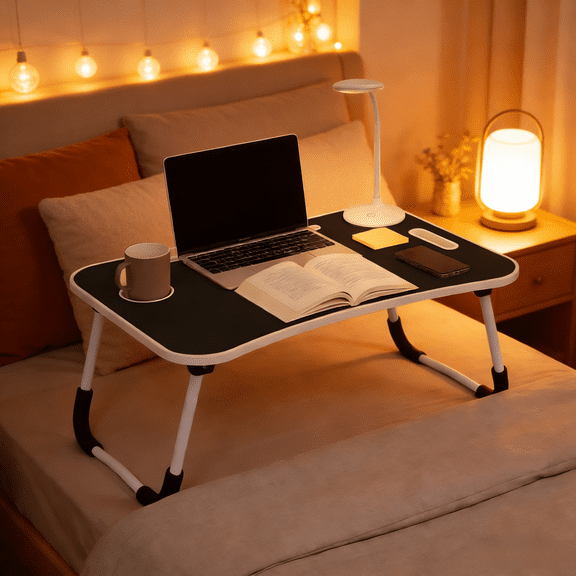 Workstation Foldable Laptop Bed Desk | Portable Lap Table with Cup Holder, Tablet Slot & Carry Handle | For Working, Eating & Creative Projects