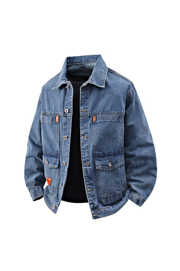 Workstyle Denim Jacket Relaxed Fit Long Sleeve Utility Jacket with Multiple Pockets Distressed Wash for Men Blue XXXXL
