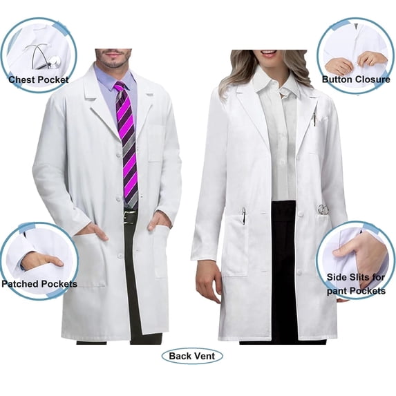 Workwear Long Sleeve Lab Coats for Women & Men, Classic Medical Uniform with 3 Pockets, Size M