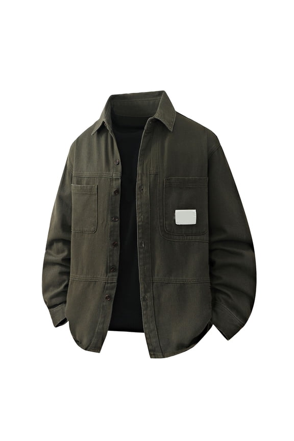 Workwear Style Denim Jacket with Contrast Panels Notched Collar Loose Fit Casual Coat for Everyday Wear Army Green XL