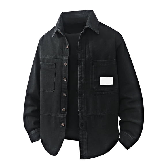 Workwear Style Denim Jacket with Contrast Panels Notched Collar Loose Fit Casual Coat for Everyday Wear Black L