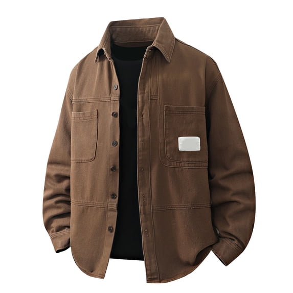Workwear Style Denim Jacket with Contrast Panels Notched Collar Loose Fit Casual Coat for Everyday Wear Khaki L