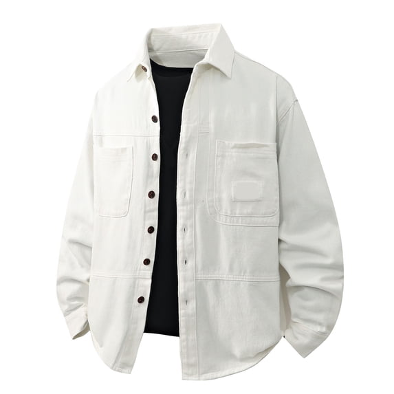 Workwear Style Denim Jacket with Contrast Panels Notched Collar Loose Fit Casual Coat for Everyday Wear White M
