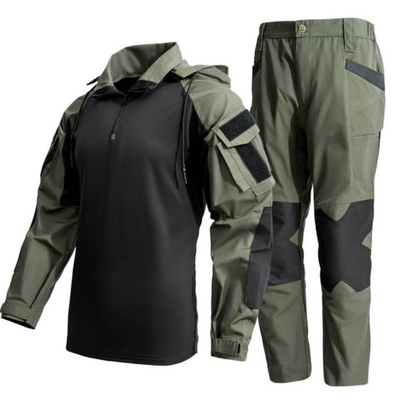 Workwear Tactical Training Suit for Mens Long Sleeved Zipper Hooded Multifunctional Set Windproof Rainproof Hoodies High Waist Athletic Stretch Pants Gym Traning Track Joggers Suits with Mutil Pocket