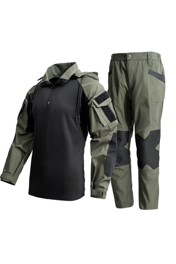 Workwear Tactical Training Suit for Mens Long Sleeved Zipper Hooded Multifunctional Set Windproof Rainproof Hoodies High Waist Athletic Stretch Pants Gym Traning Track Joggers Suits with Mutil Pocket