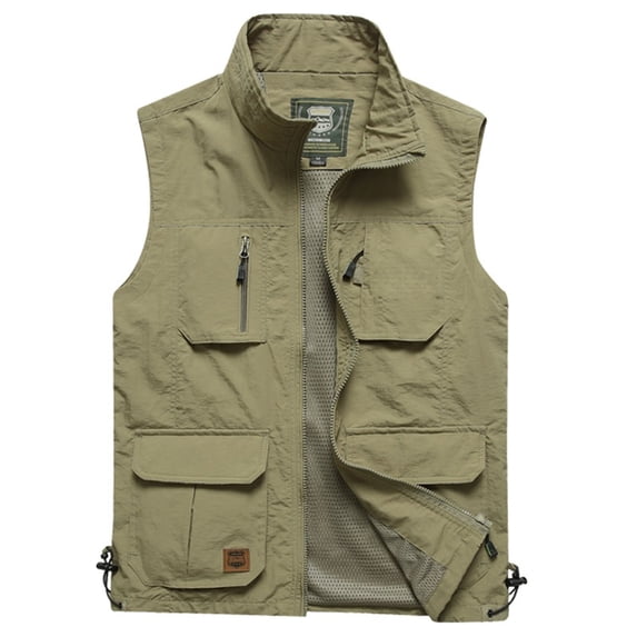 Workwear Vest Men's Multi-pocket Outdoor Fishing Photography Vest Loose Large Size Stand Collar Vest Jacket Khaki XXXL