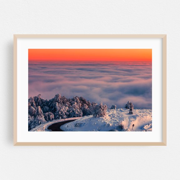 World Above Clouds - Bulgaria Photography Winter Sunset Snow Scenic Landscape Nature Mountain Oak Framed Wall Art Print 20 x 30 inches