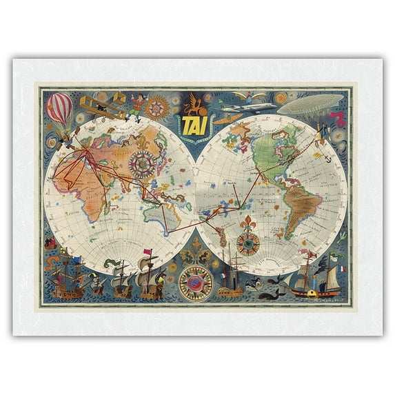 World Air Routes - TAI Airline - Vintage Pictorial Map by Luc-Marie Bayle c.1960 - Japanese Unryu Rice Paper Art Print 24 x 32 in