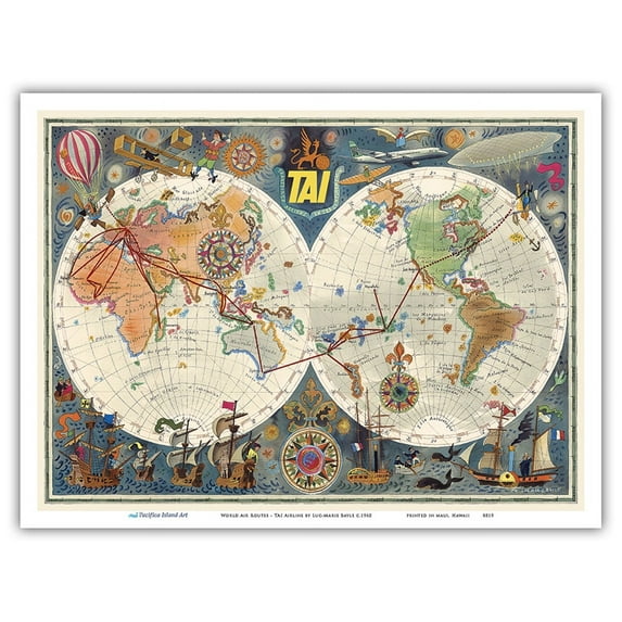 World Air Routes - TAI Airline - Vintage Pictorial Map by Luc-Marie Bayle c.1960 - Master Art Print (Unframed) 9in x 12in
