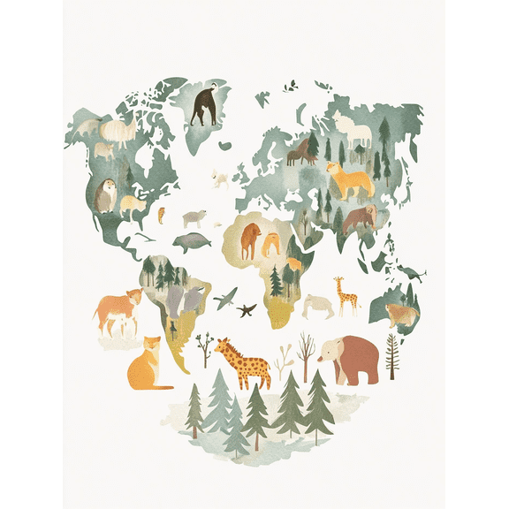 World Animal Map Decor Wall Art/Canvas PrintSuitable for Living Room Bedroom Nursery Office and Study Room Decoration