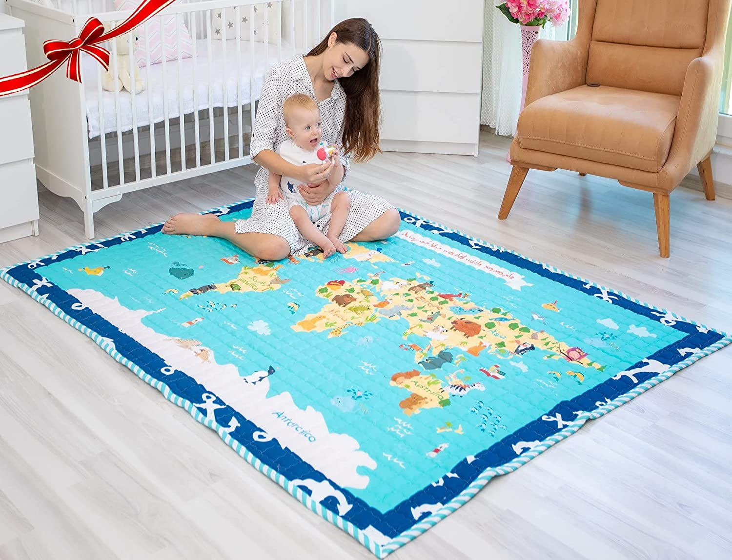 World Animal Map Learning Baby Play Mat Extra Large 76 in. x 58 Padded