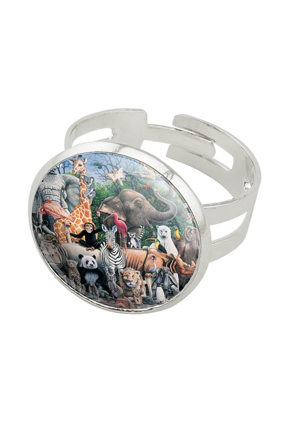World Animals Family Reunion Monkey Bear Zebra Elephant Silver Plated Adjustable Novelty Ring