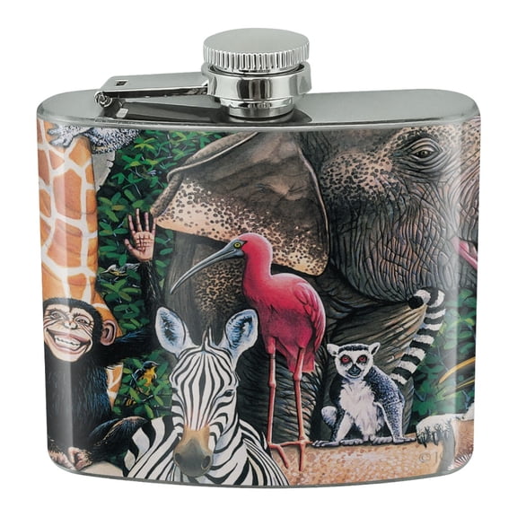World Animals Family Reunion Monkey Bear Zebra Elephant Stainless Steel 5oz Hip Drink Kidney Flask