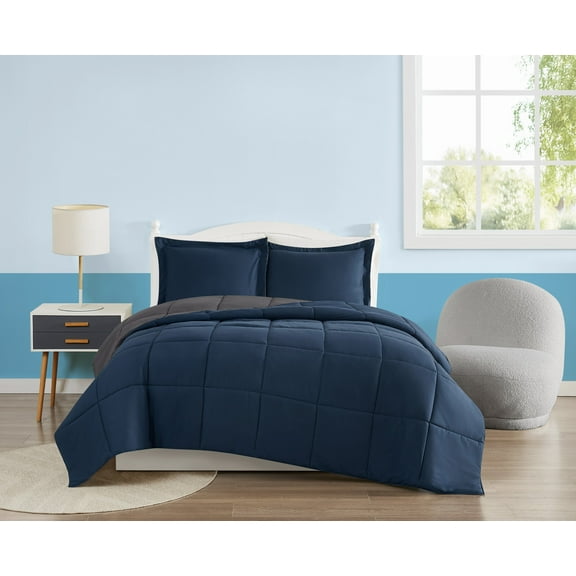 My World Anytime Solid 100% Microfiber Polyester  3 Piece Full/Queen Comforter Set in Dark Blue and Dark Grey, All Season, Adult and Teen Sizes, OEKO-TEX Certified