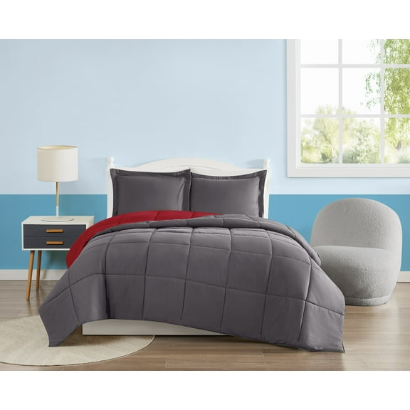 My World Anytime Solid 100% Microfiber Polyester  3 Piece Full/Queen Comforter Set in Grey and Red, All Season, Adult and Teen Sizes, OEKO-TEX Certified