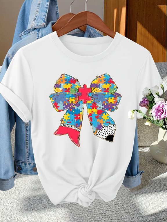 World Autism Awareness Day Colorful Puzzle Bow Print Pattern Crew Neck Spring Summer Fall Short Sleeve T-Shirt