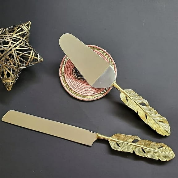 World Bazaar 2-Piece Cake Knife and Server Set with Golden Feather Handle Design