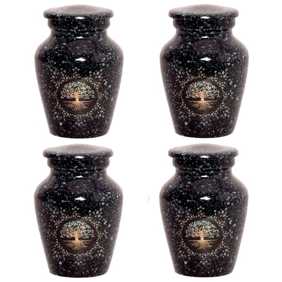 World Bazaar Tree of Life Black Small Keepsake Urns for Human Ashes Modern Style - Set of 4 - a Warm Resting Place for Your Loved One Lost - with Case