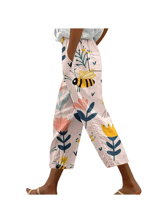 World Bee Day Cute Capri Pants Women's Cute Printed Straight Leg Capris Plus Size Baggy Beach Pants with Pockets