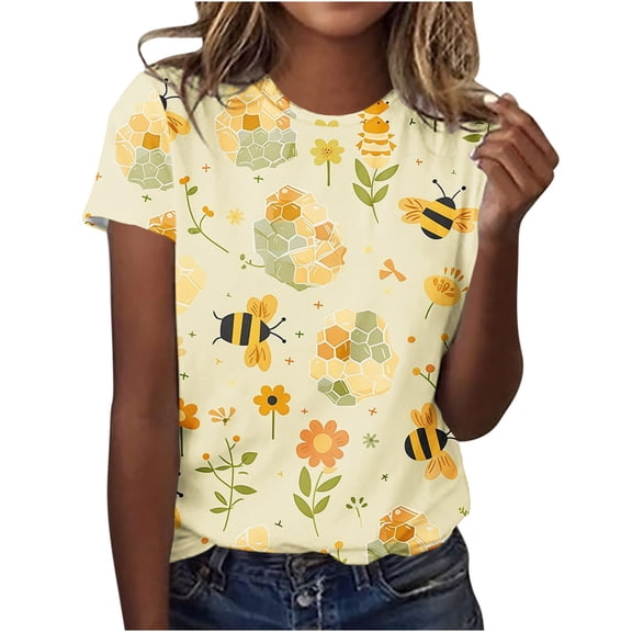 World Bee Day Shirt for Women Cute Floral Bee Print Short Sleeve Tops Summer Crew Neck Pullover for Celebration Party
