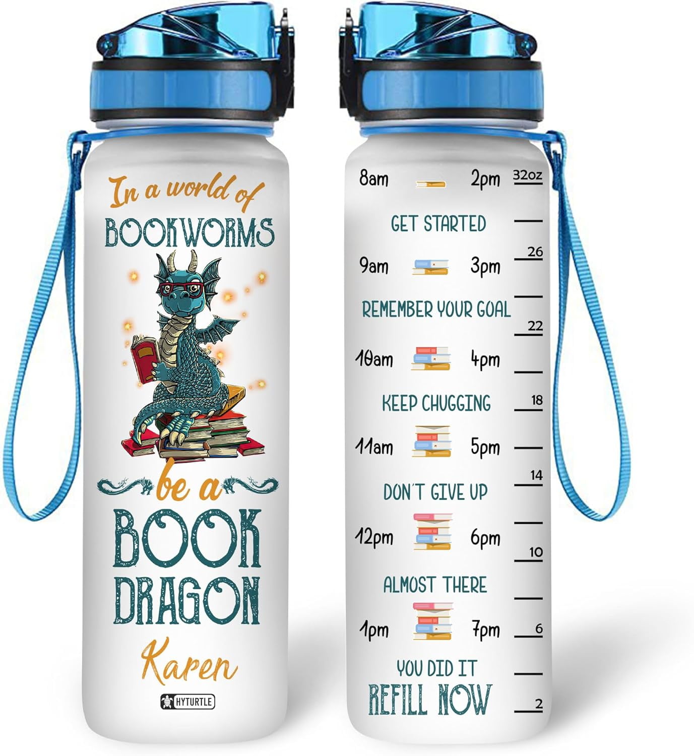In A World Of Bookworms Be A Book Dragon 32oz Liter Motivational Water Bottle, Customized Name Tracking Water Bottle Gifts For Women, Girls, Reading Lovers, Dragon Lovers On Birthday