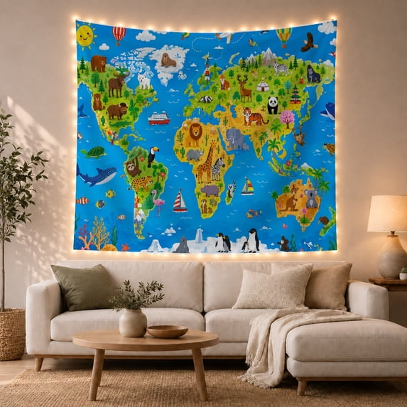 World Bright Representing with Ocean Continents Depicted, Adventurous Vintage for Nautical Decor Lovers, Wall Decor, Easter Gift, Tapestry Wall Hanging for Dorm and Living Room