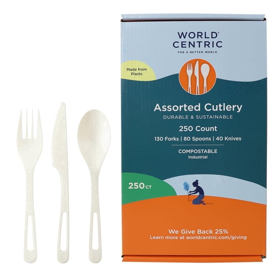 World Centric Compostable TPLA Assorted Cutlery (Pack of 250), Forks, Spoons and Knives, Made from Plants and Minerals, White Bioplastic Utensils, Strong, Heat Resistant