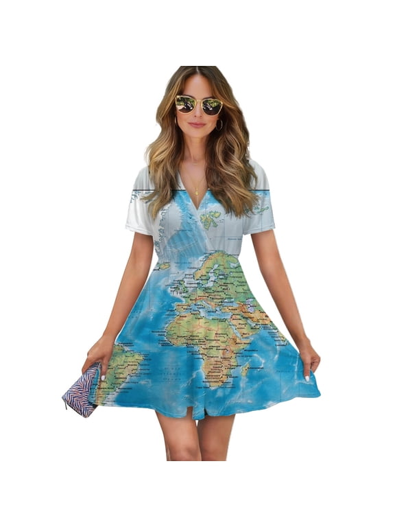 World Chart World Map Print Women Dress V-Neck Short Sleeve Flowy Swing Party Midi Dress