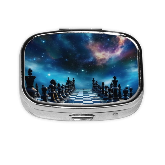 World Chess Board Starry Square Pill Box 2 Compartment Pill Case Medicine Organizer Decorative Gift for Purse Pocket