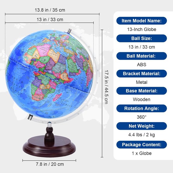 World for Children and Adults, 13 inch Educational Spinning Earth Map with Stand, Self-Assembled Interactive World Globes for Kids Learning, Classroom, Students Desk, Room and Office Decor