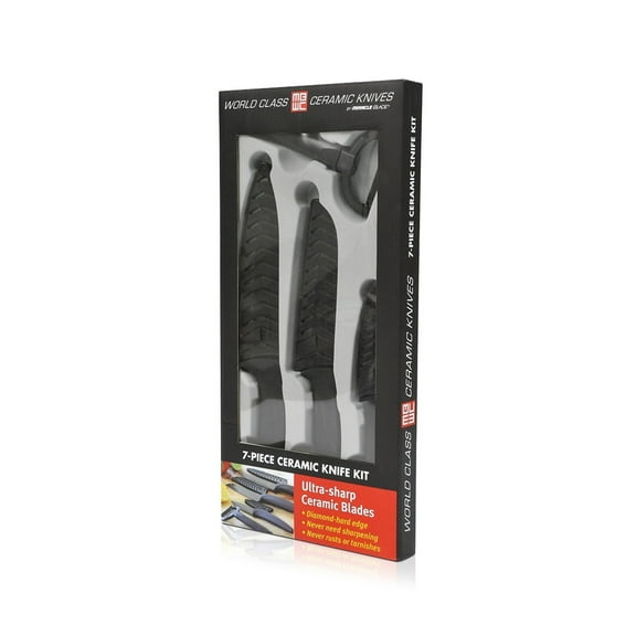 Miracle Blade IV World Class Professional Series Black 7-piece Ceramic Knife Set - Sharpest Knives Never Lose their Precision Cut: Never Dulls & Won't Rust or Stain. Black Blade