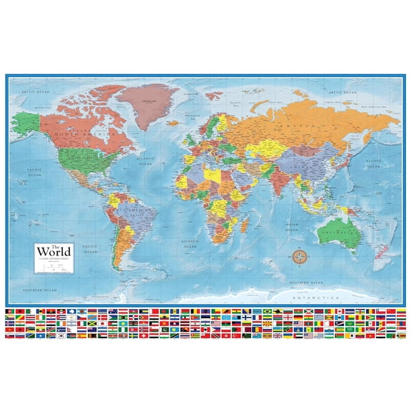 World Classic Wall Map Poster With Flags Of The World Unframed Size 24''x36'' GooGate