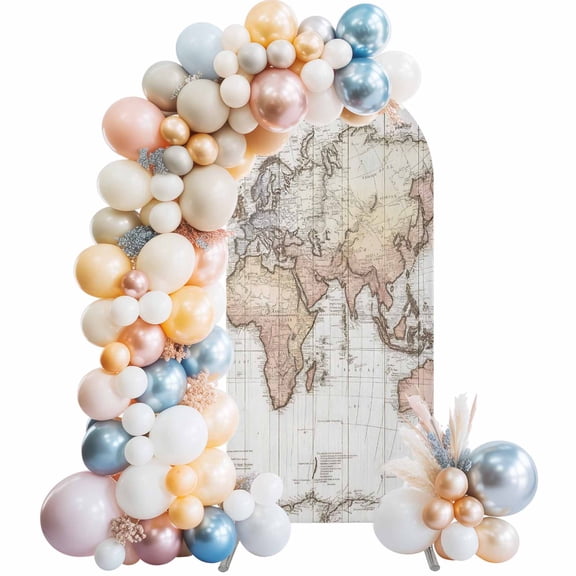 World Continents Arch Backdrop Cover 4 FT Vintage Travel Antique Beige Map Grid Lines Stretchy Elastic Arch Stand Covers Spandex Arched Background Birthday Wedding Party Decoration (No Stand)