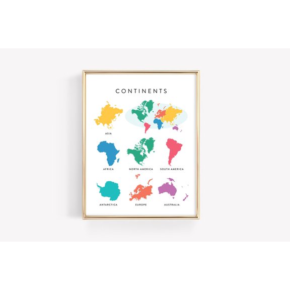 World Continents Education Montessori Learning Material Classroom Map Art, Unframed Canvas 8x10in