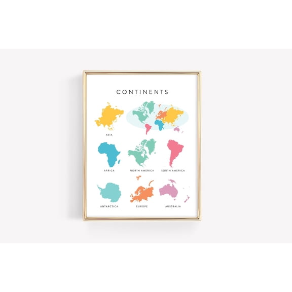 World Continents Education Montessori Learning Material Classroom Map Art, Unframed Paper Poster 8x10in