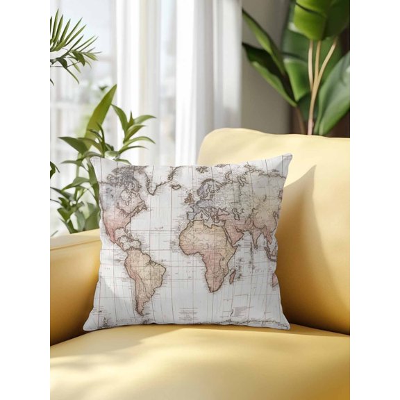 World Continents Outdoor Throw Pillows with Inserts, Vintage Travel Antique Beige Map Grid Lines 18”x18” Set of 1 Waterproof Decorative Patio Throw Pillow Inserts for Patio Furniture Bench