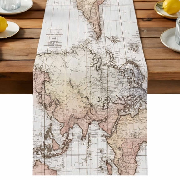 World Continents Table Runner, Vintage Travel Antique Beige Map Grid Lines Washable Kitchen Table Runners Dress Scarves for Dining Table Decorations Party/Restaurant/Indoor Outdoor Use, 13x36in
