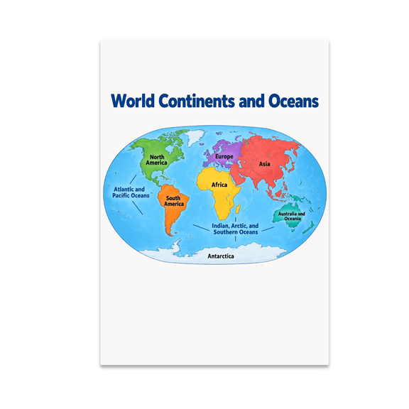 World Continents and Oceans Guide - Geography Classroom Decor - 13x19 Poster Print