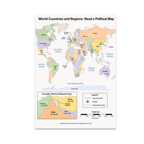 World Countries and Regions Political Map - Geography Teacher - 13x19 Poster Print